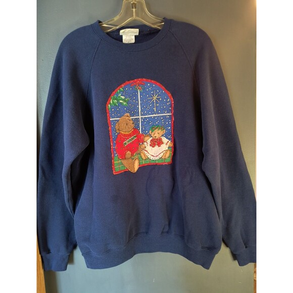 Vtg 80s Teddy Bear Sweatshirt Women's XL Blue Made In USA Art - Picture 1 of 8